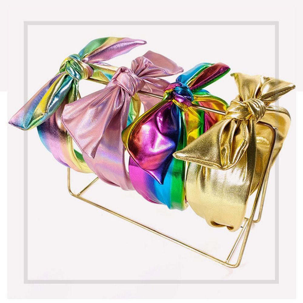 Metallic Wide Top Knot Hair Hoop Iridescent Rainbow Foil Metallic Bow Headband For Women