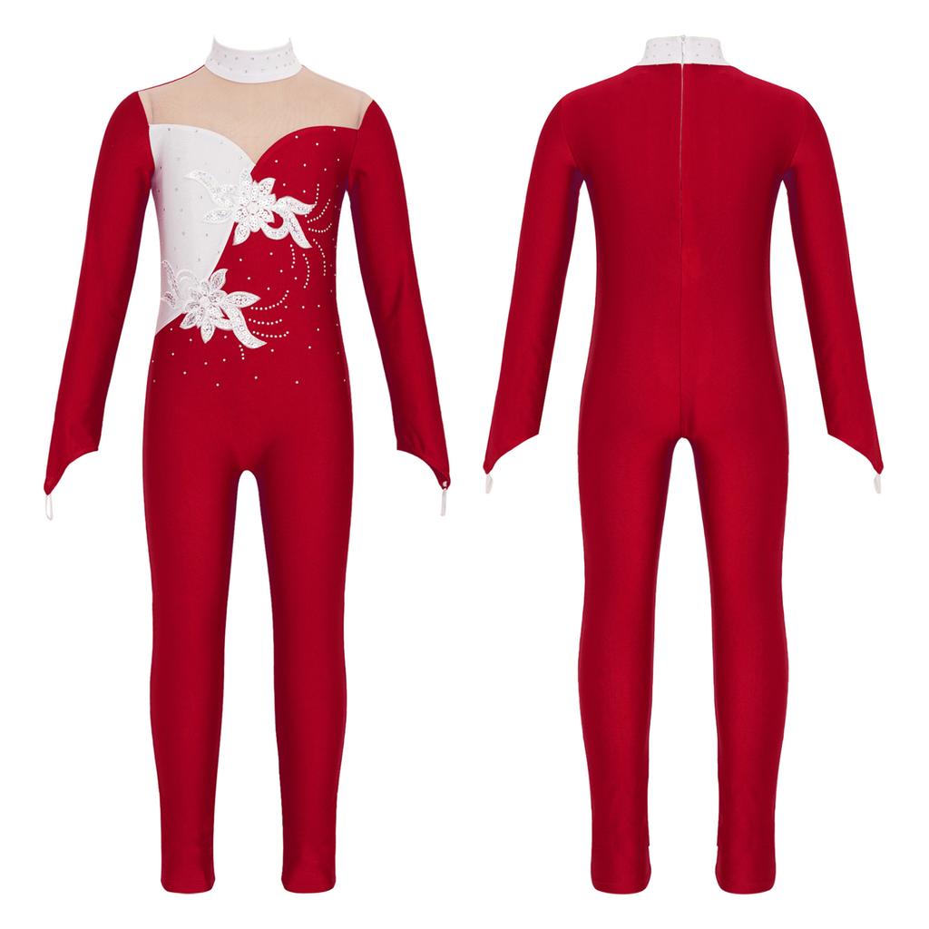 Kids Girls Sparkly Sequined Applique Rhinestone Unitard Long Sleeve Jumpsuit for Figure Skating Acrobatics Gymnastics