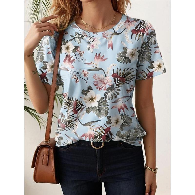 

Tropical Floral Print Casual T Shirt Crew Neck Short Sleeve Tee For Women Summer Holiday Travel Beach And Daily Outfits L