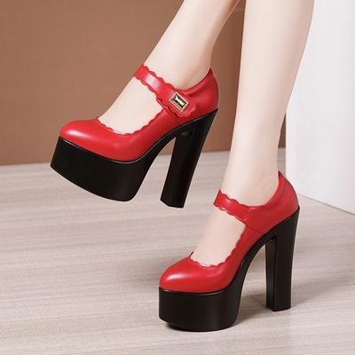 Mode 15cm Super Hoge Hakken Dames Schoenen Ronde Neus Dikke Hak Echt Lederen Schoenen Dames Platform Pumps Model Party Show