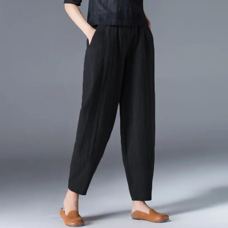 Women Summer Elastic Waist Casual Ankle-length Wide Leg Pants Female Loose Solid Color Harem Pants