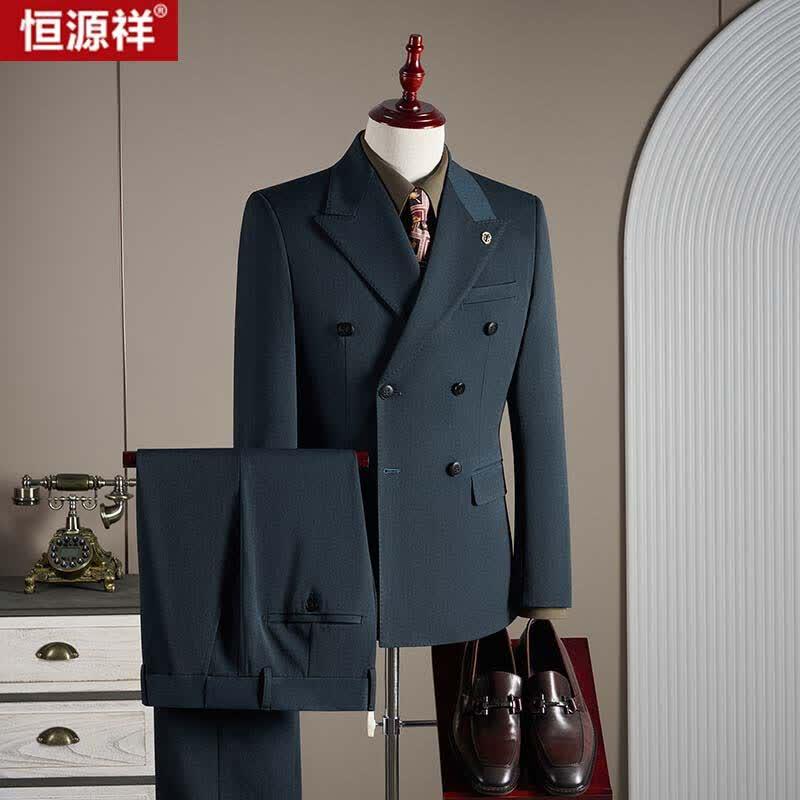 Hengyuanxiang Men's Wool Blend Double-Breasted Business Suit