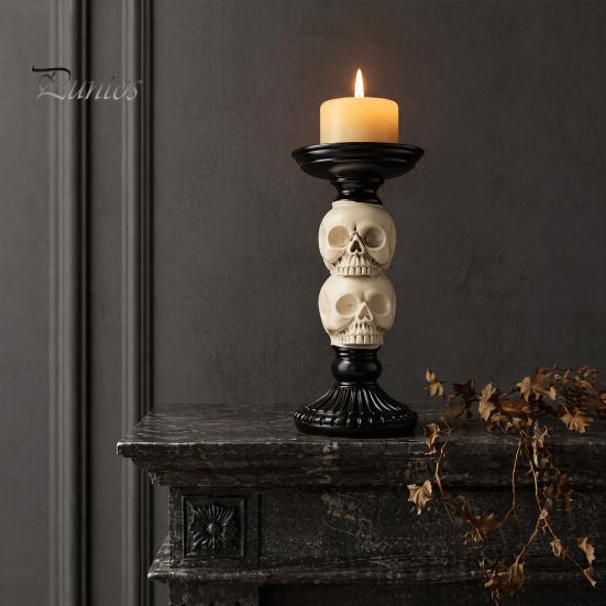 Vintage Gothic Table Centerpiece Halloween Candlestick Holder Decoration, Raven Skull Candle Holder, Spooky Decor for Home Taper Stand Tabletop