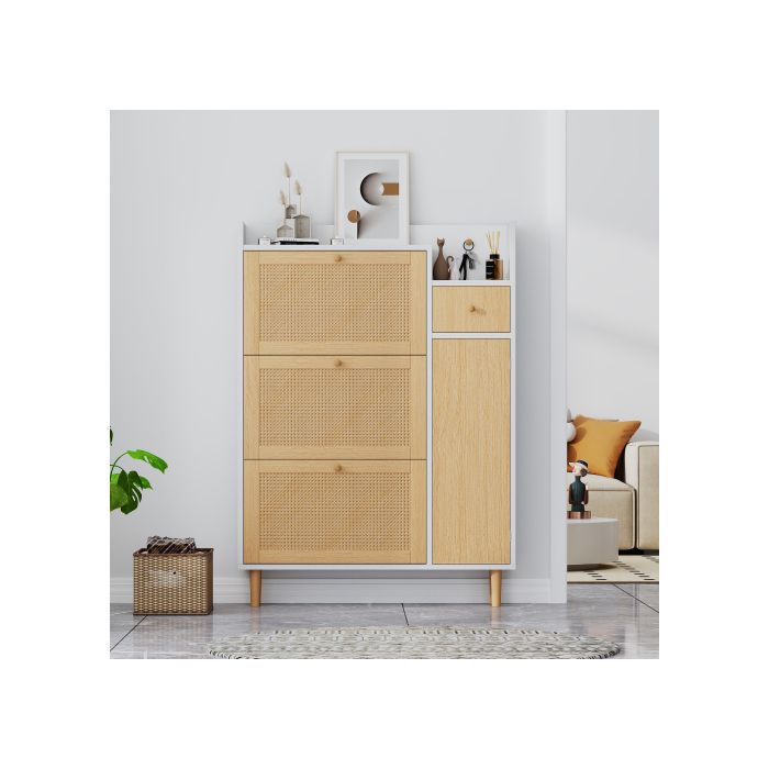 Meuble À Chaussures En Bois Massif Avec 3 Portes Vers Le Haut Et 1 Tiroir - Dimensions : L90/H125/W17cm