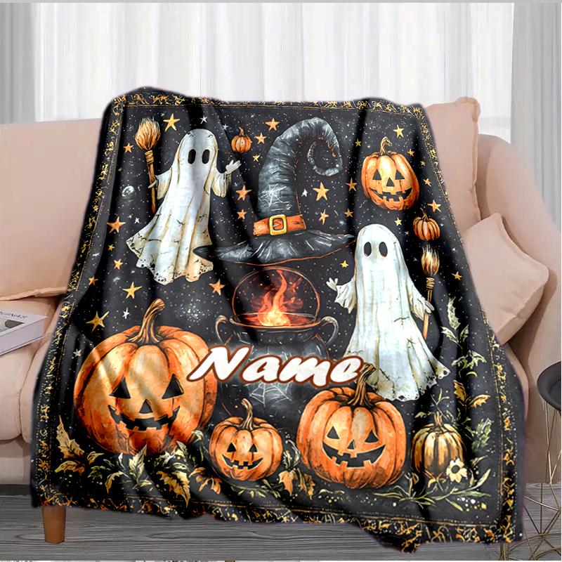 1PC Custom Name Halloween Ghosts Pumpkins outdooor Flannel blankets Throw Blanket All-Season Throw Gift Bedspread for Couch, Bed, Camping Holiday Birt