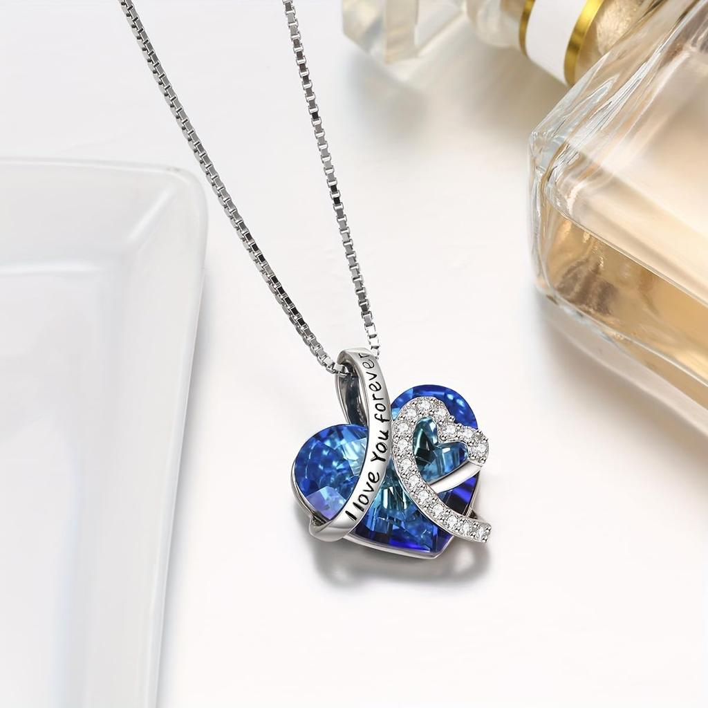 [Pinannie] 925 Sterling Silver Heart-Shaped Blue Crystal Necklace with "I Love You Forever" Engraving - Women's Pendant with Zirconia Decoration -