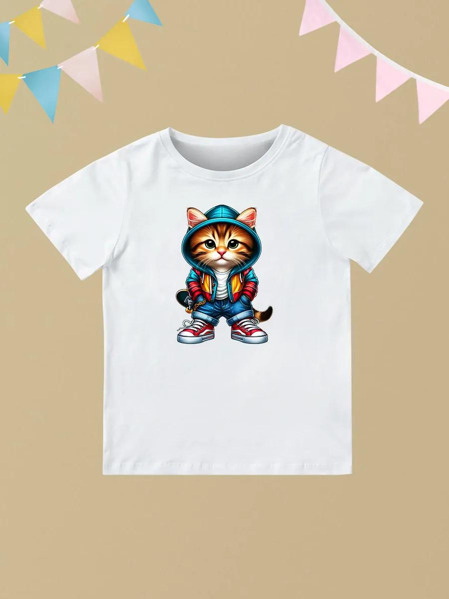 Round Neck Printed Pattern Pullover Short Sleeve Kids Tops Fashion Cat 130