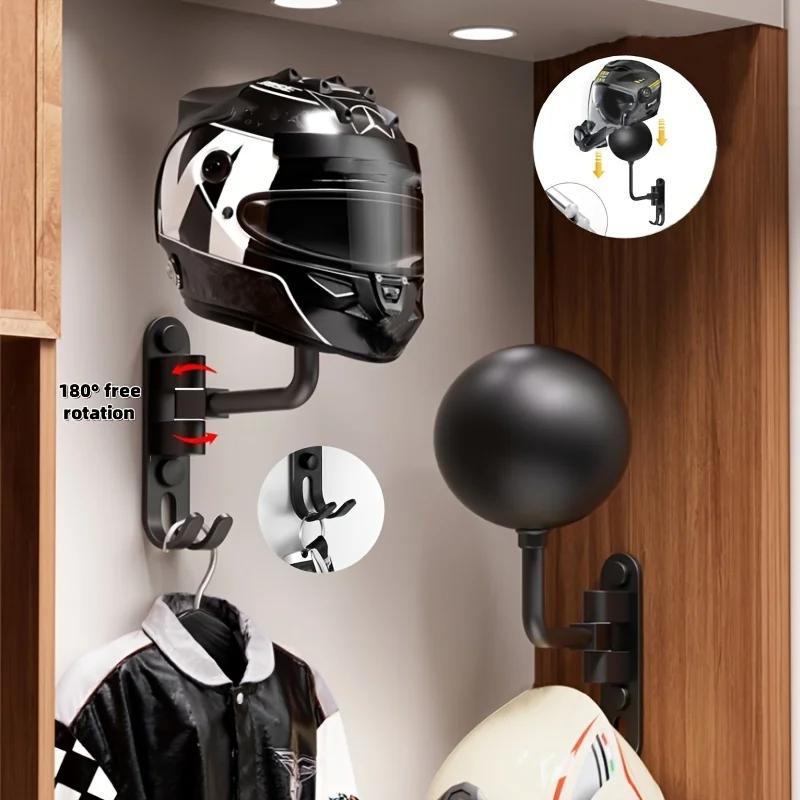 Motorcycle Accessories Wall Mounted Metal Motorcycle Helmet Rack with Hook 180° Rotating Metal Shelf for Hats and Sportswear
