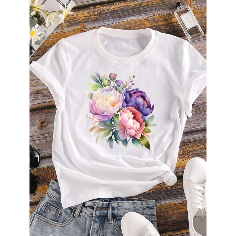 (European Size) 90s Women Flower Watercolor Trend Cute Short Sleeve Fashion Tee Top Clothing Print Lady Casual T-shirt Female Graphic T-shirts