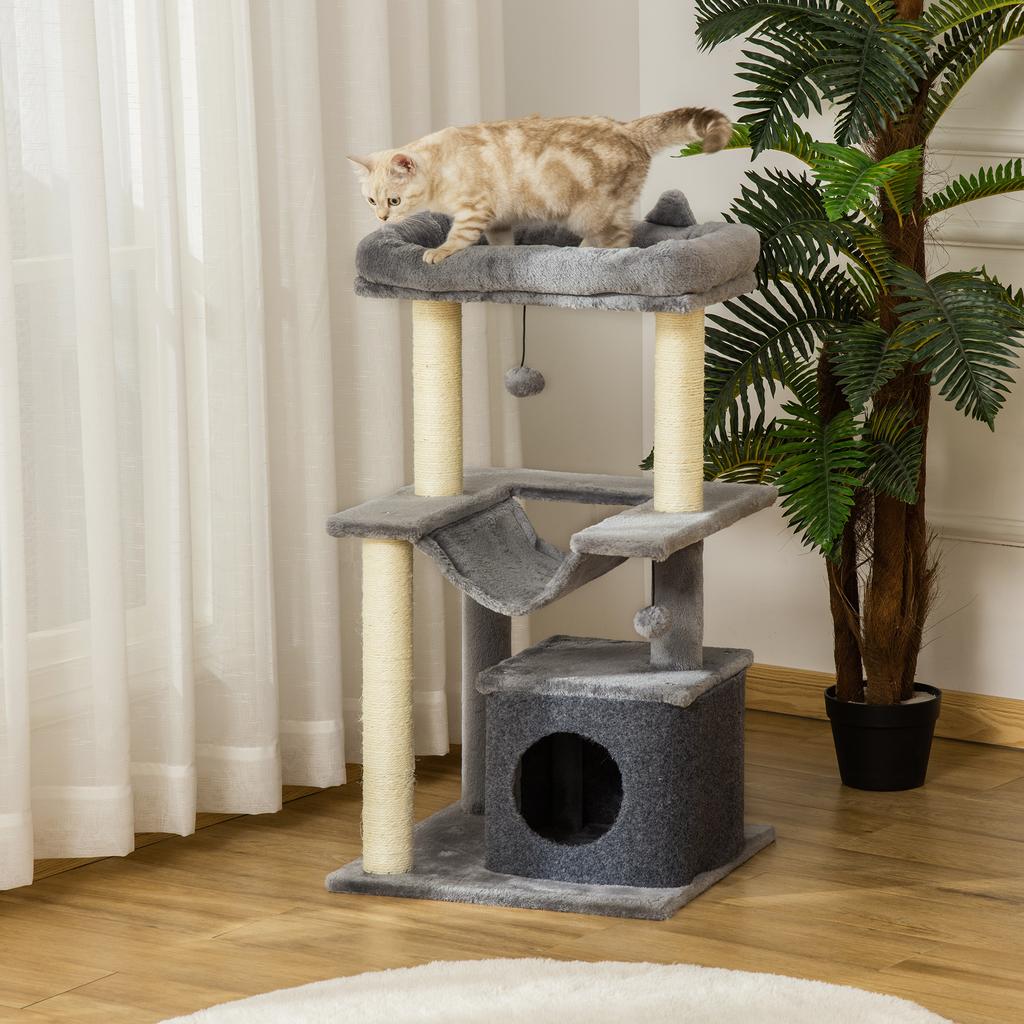 Cat Tree with Sisal Ropes, House and Hammock, Plush and Felt Cover, Height 100cm, Grey