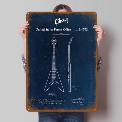 Gibson Gitarren-Patent-Metallschilder, Gitarrenposter-Dekor für die Raumdekoration, individuelles Blechschild für die Wanddekoration, Retro-Zuhause
