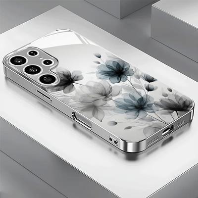Simple Ink Retro Flower Pattern Glass Phone Case for Samsung GalaxyS26 S25 S24 S23 S22 S21 S20fe/plus/ultra Hard Case Back Cover