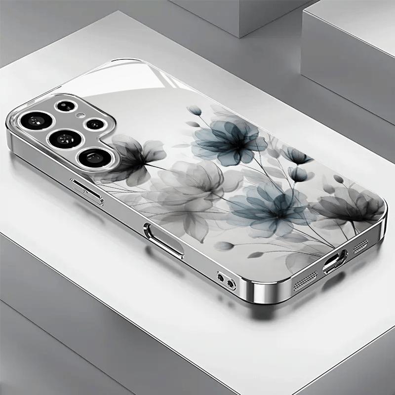 Black color flower pattern electroplated silver Phone Case for Samsung Galaxy S26 S25 S24 S23 S22 S20 FE/Ultra/Plus anti Cover