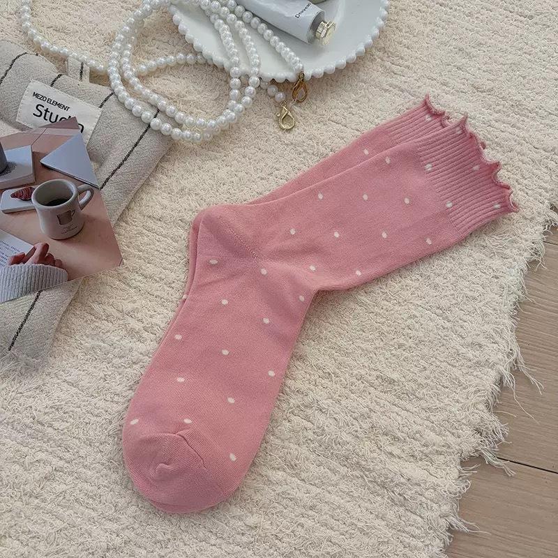 Women's Summer Thin Ballet-style Wooden Ear Side Polka Dot Long Tube Pile Socks