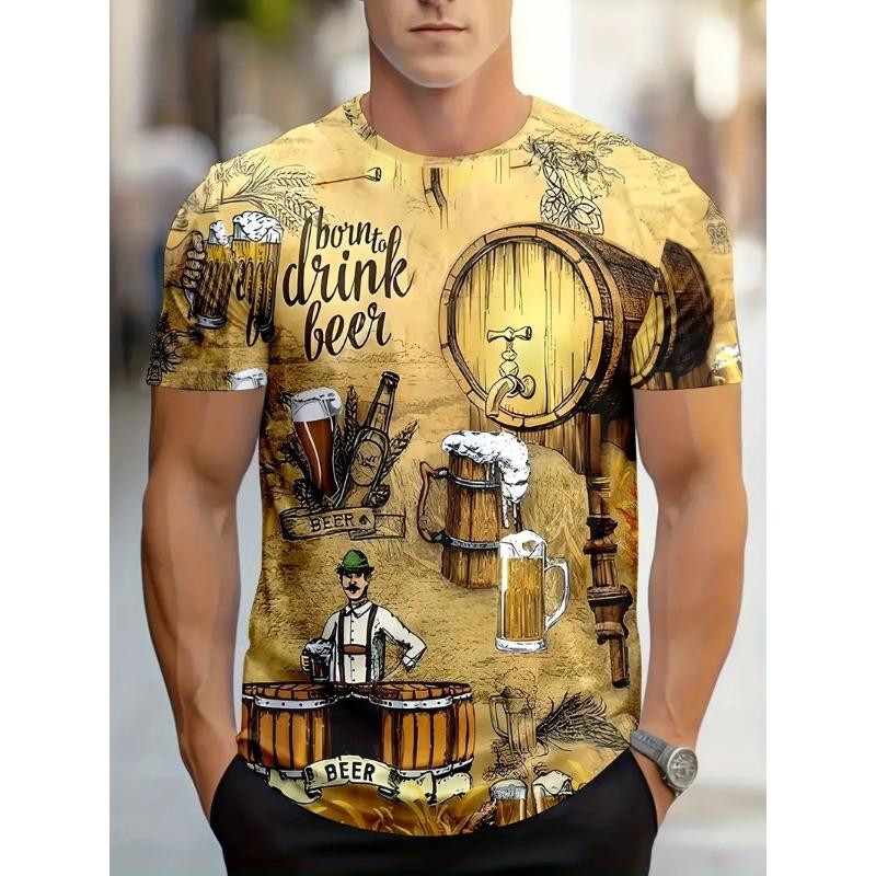 Camiseta Masculina Elegante Com Estampa De Cerveja 3D All-Over Print Design Camisetas Gráficas De Cerveja Masculinas Com Gola Redonda E Manga Curta