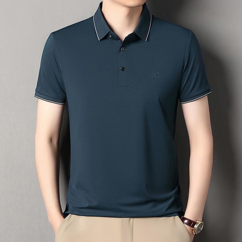 Short Sleeve Polo Men'S Short Sleeve Lapel Solid Color Loose T-Shirt Machine Washable Clothes Ice Silk High-End Clothing