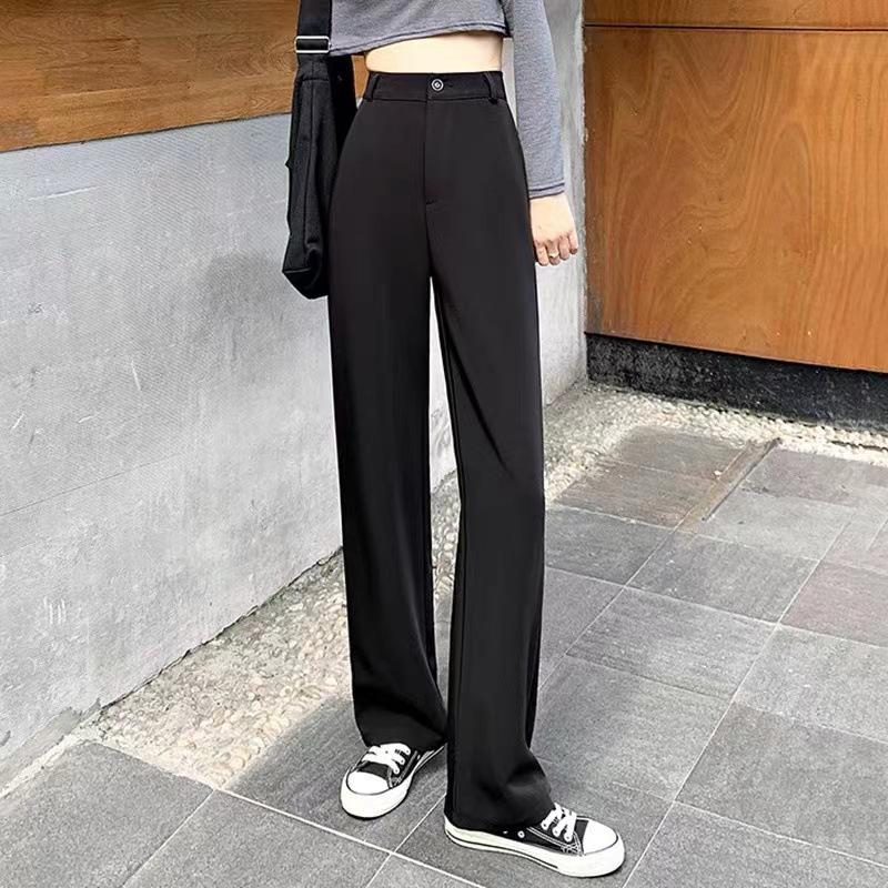 Women's Black High-Waisted Wide-Leg Pants - Spring & Autumn Casual Loose Fit