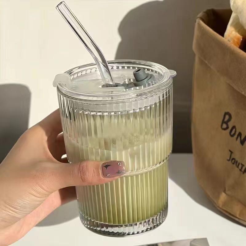 Large Capacity Glass Cup with Lid and Straw - Vertical Stripe Design for Juice, Coffee, or Water