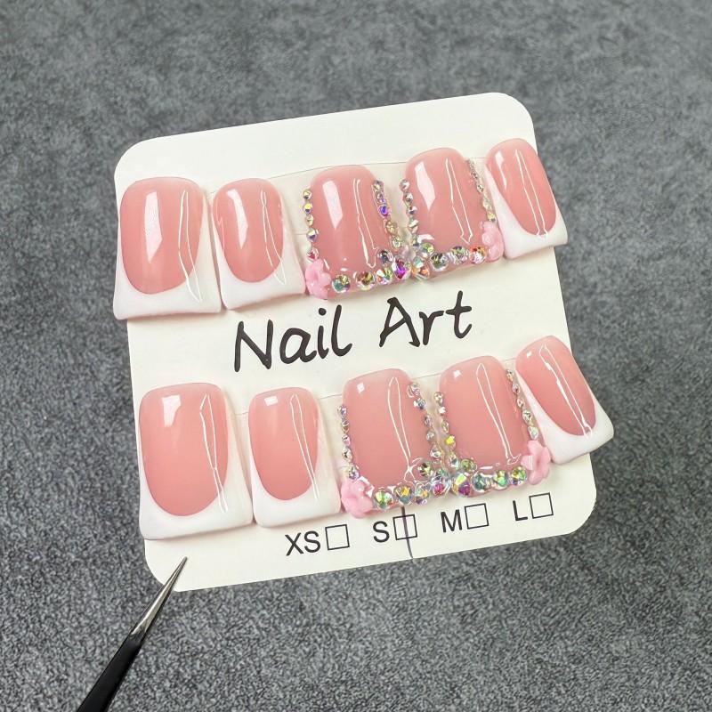 Short Duckbill Press-On Nails With Floral Design Sweet French Style Acrylic Tips Handmade Wearable False