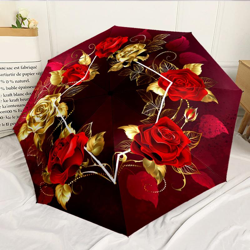 Golden Rose Wreath Design 8-Frame for Travel, Camping, Casual Lightweight Portable Umbrella, Essential for Every Family Holidays Birthday Gift