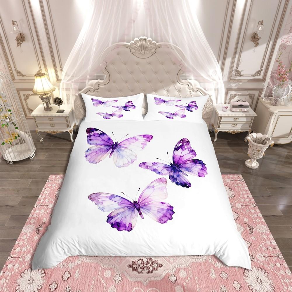 Homewish Blue Pink Butterfly Duvet Cover Set,Romantic Dreamy Animal Bedding Set,Teens Girls Kids Female Reversible Bed Set