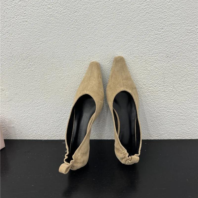 Wildleder Damen Schuhe mit niedrigem Absatz und weicher Sohle, bequeme spitze flache Sohle, einzelner Schuh, elastische Schuhe mit kleiner quadratischer Zehenpartie