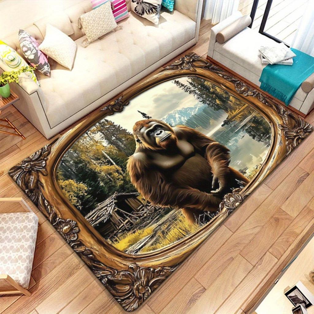 Gorilla Forest Mountain Rug Wildlife Animal Art Vintage Frame Design Living Room Floor Mat Nature Themed Home Decor
