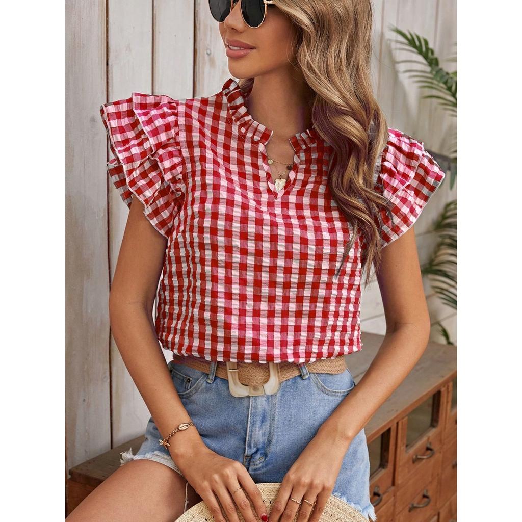 Summer Women Sweet Cute Plaid Short Sleeve Top Double Layer Ruffle Hem Blouse