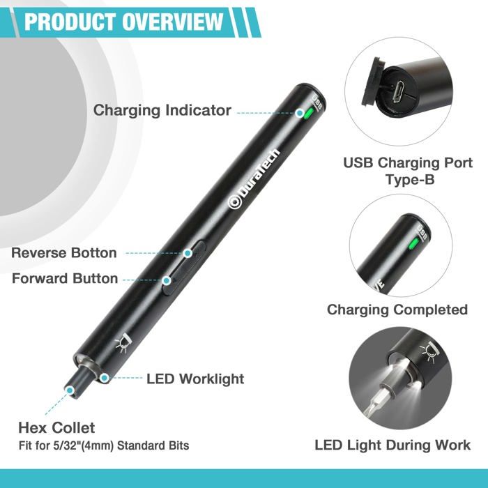 Tournevis électrique - duratech - dt105010au - 50 embouts en acier s2 - rechargeable usb - led intégrée