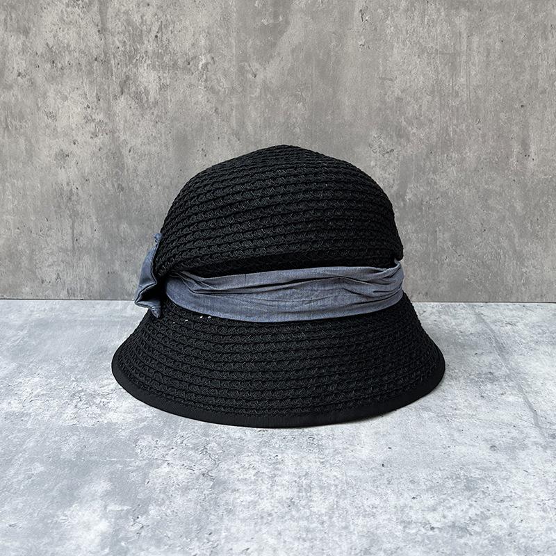 Wenyi Fan Small V Face French Elegant Big Brim Hollow Back Pleated Bucket Hat Women'S Summer Versatile Sun Hat