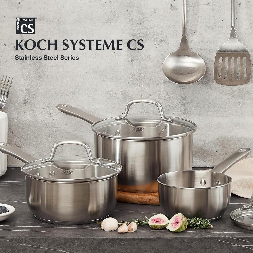 KOCH SYSTEME CS Stainless Steel Sauce Pan Set Multifunctional Cooking Pot with Lid 1QT & 2QT & 3QT with Heat-resistant Handle