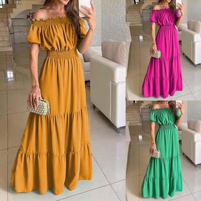 New Fashion Women's Summer Off Shoulder One Line Neck Bubble Sleeve  Ruffle Bohe Elegant Beach Party Dress Casual Oblique Collar Office Long Dress