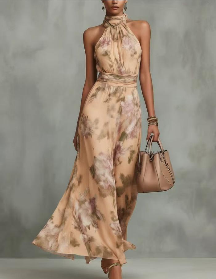 European Style Women Clothing Pleated Off-shoulder Print Sexy Spaghetti Strap Maxi Dress