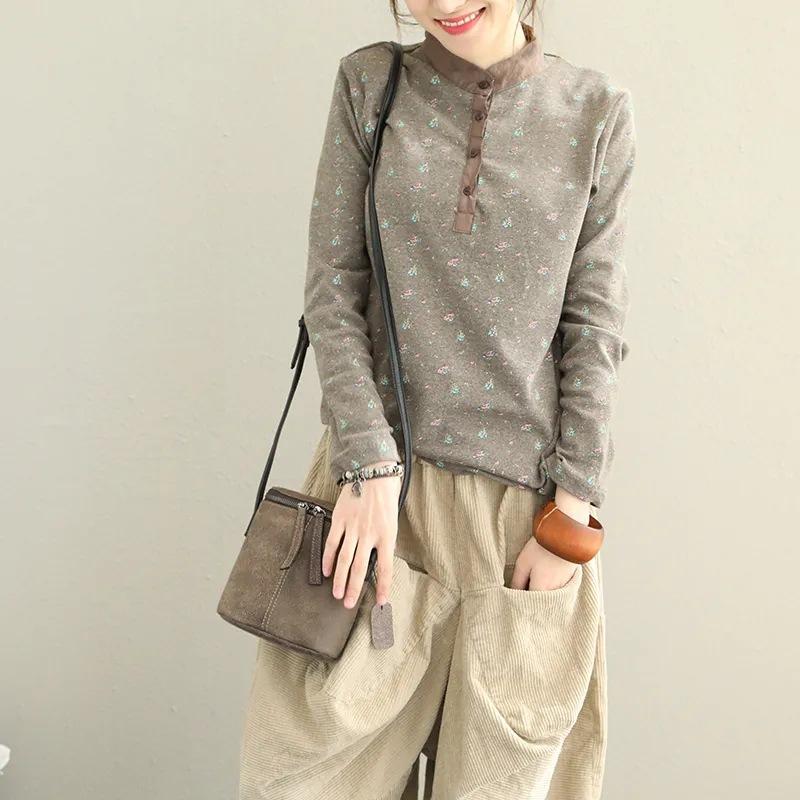 

Жіноча весняно-осіння ретро-футболка з квітковим коміром-стійкою Жіноча сорочка з довгими рукавами Верхня жіноча сорочка з низом M кавовий