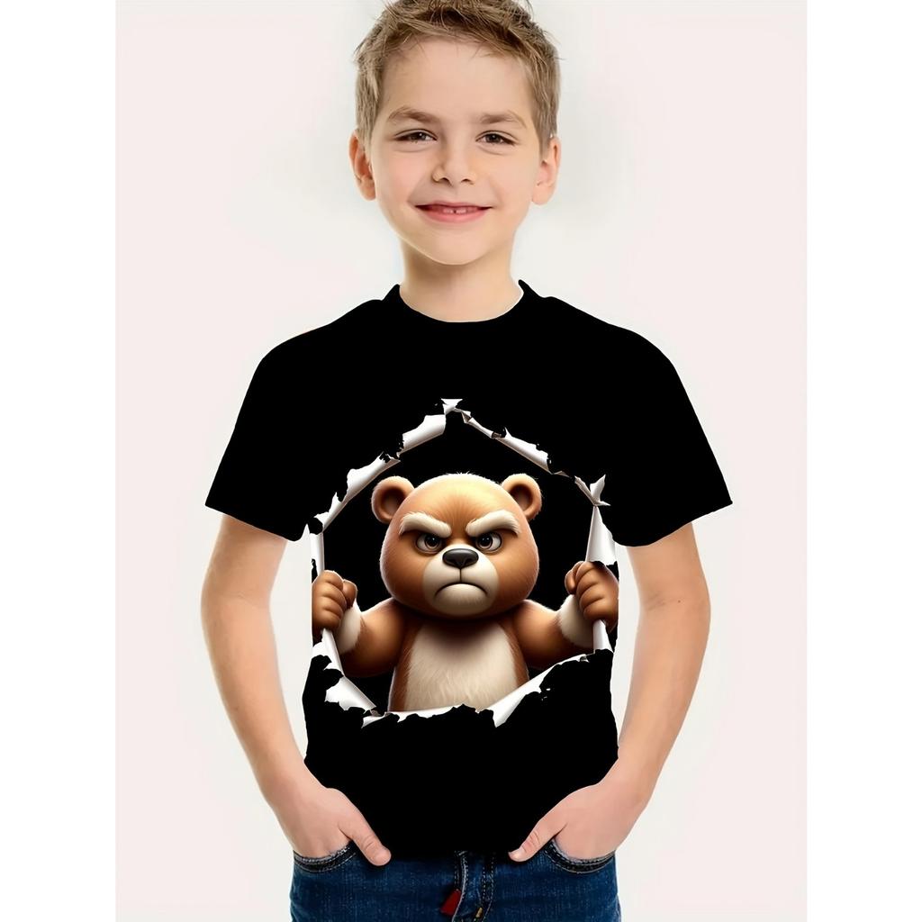 Children's 3D Short Sleeve Cool Bear Print Summer Clothing Boys T-Shirt Casual Fashion Round Neck Kids Top