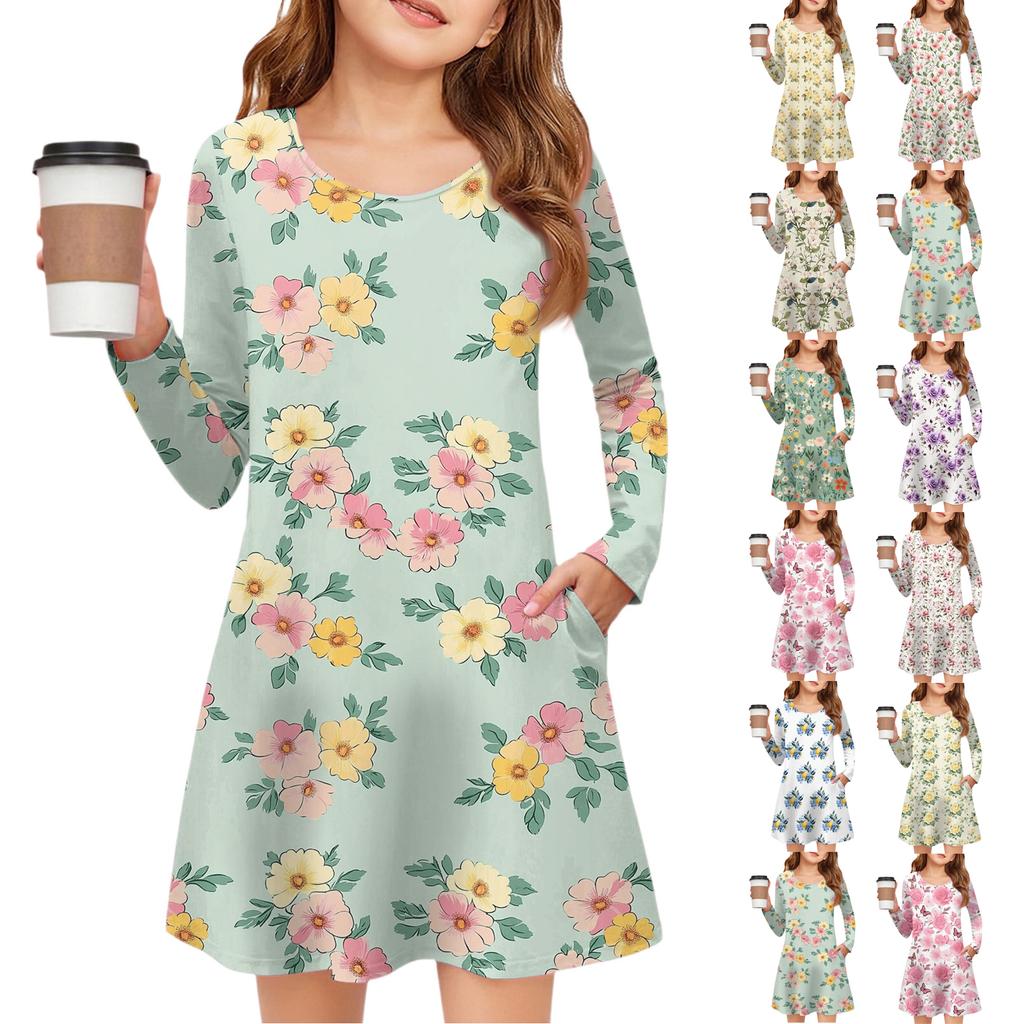 Girls' Long Sleeve Dress - Color Pocket Dress