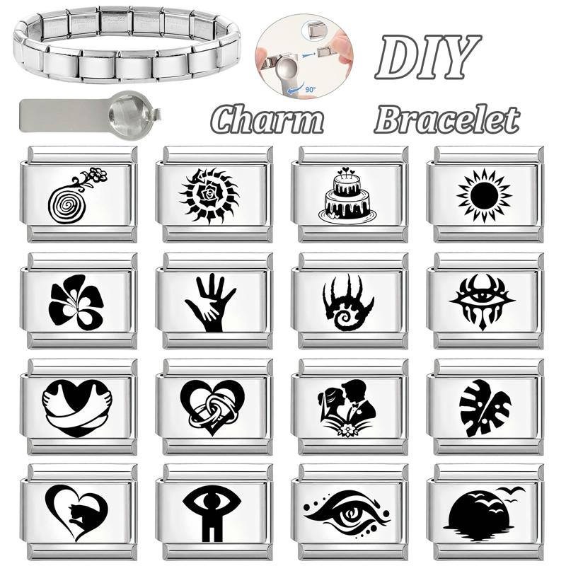 Fashion Girls' Eye Cake Sunset Butterfly Flower Cat Laser Engraving Charm Links Fit 9mm Stainless Steel Bracelet DIY Making Gift