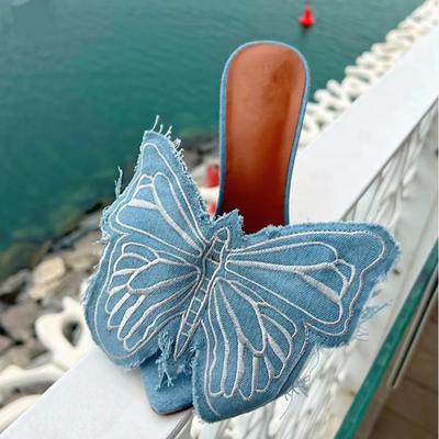 Sexy Denim Butterfly Flower Thin Heels Slipper Women Summer Fashion Pointed Toe Slides Stripper Party Mule Shoes