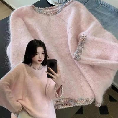 Pink O-Neck Sweater for Women Spring Autumn Splicing Design Feeling Lazy Loose Style Long Sleeve Soft Knitted Pullover