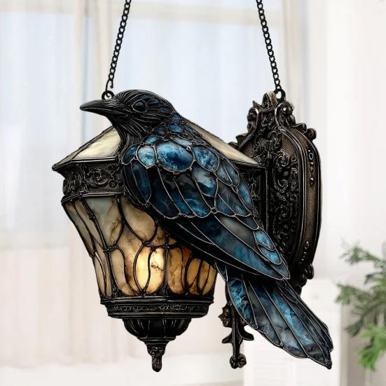 Raven On Lantern Suncatcher Decoration Indoor Outdoor Gothic Halloween Crow