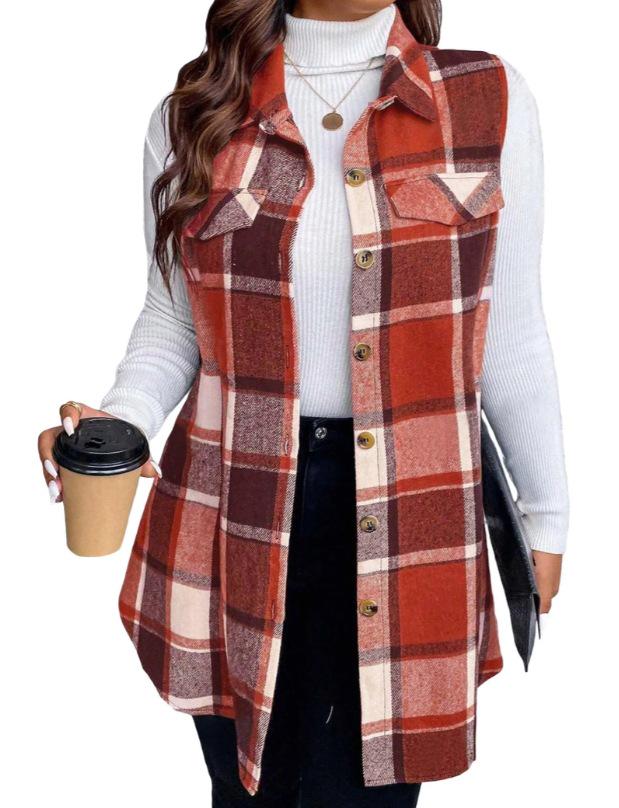 European & American Autumn/Winter Women's Fashion Plaid Sleeveless Turn-Down Collar Vest with Side Pockets