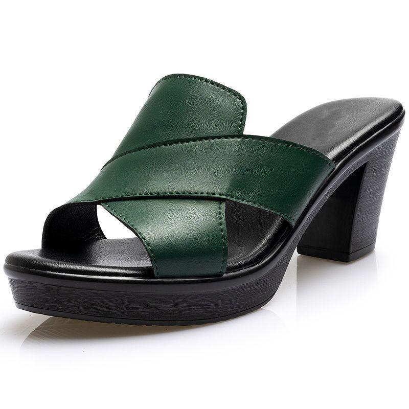 Four Summer Trendy Girl Cool Slippers Thick Heel Mother High Heel anti-Taiwan Hundred Casual Women's Shoes Comfortable