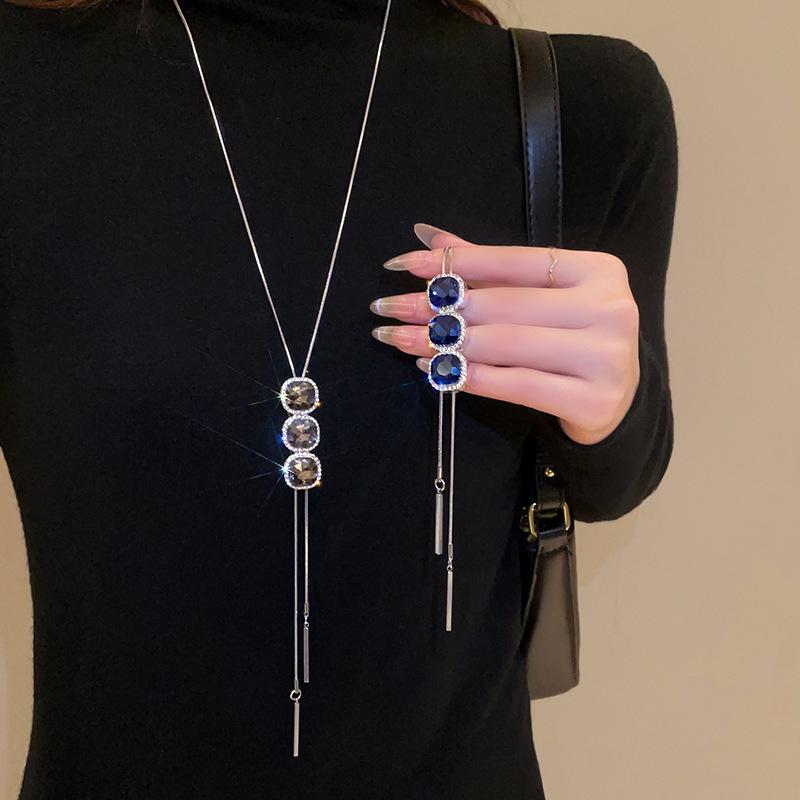 Women Snake Chain Pendant Necklaces Sweater Chain Crystal Long Tassel Necklace Accessories