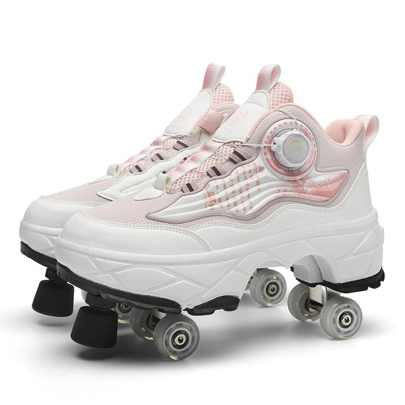Double-Row Deformation Retractable Four wheels Roller Skate Shoe Unisex Sneaker Multi-functional Walk Shoe