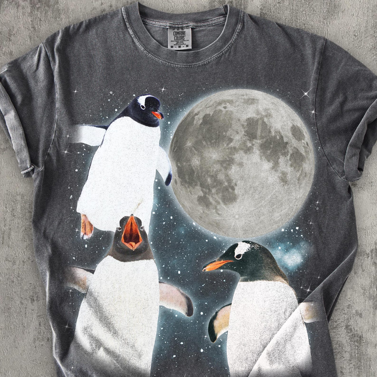 Three Penguins Retro Graphic T shirts, Vintage Moon T shirt, Comfort Colors Shirt, Funny Tee, Unisex Cotton Shirts, Gag Gifts 3XL