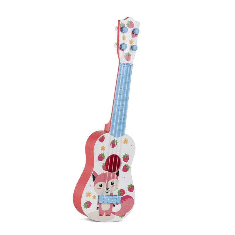 Kids Guitar Toy Plastic Cartoon Pattern Educational 4 String Playable Ukulele Toy for Boys Girls Strawberry Fox Pattern