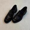 Women Retro British Mary Jane Loafers Genuine Leather Round Toe Rivet Wrinkle Wedge Slip On Black Shoes