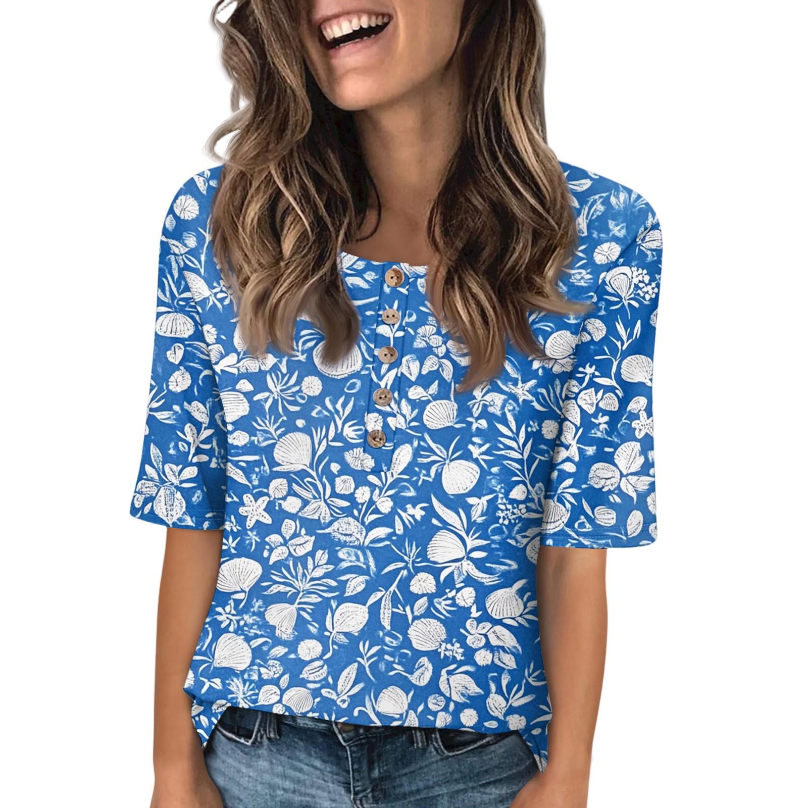

Жіноча модна блузка з принтом, круглим вирізом, ґудзиками та рукавом три чверті XL синій