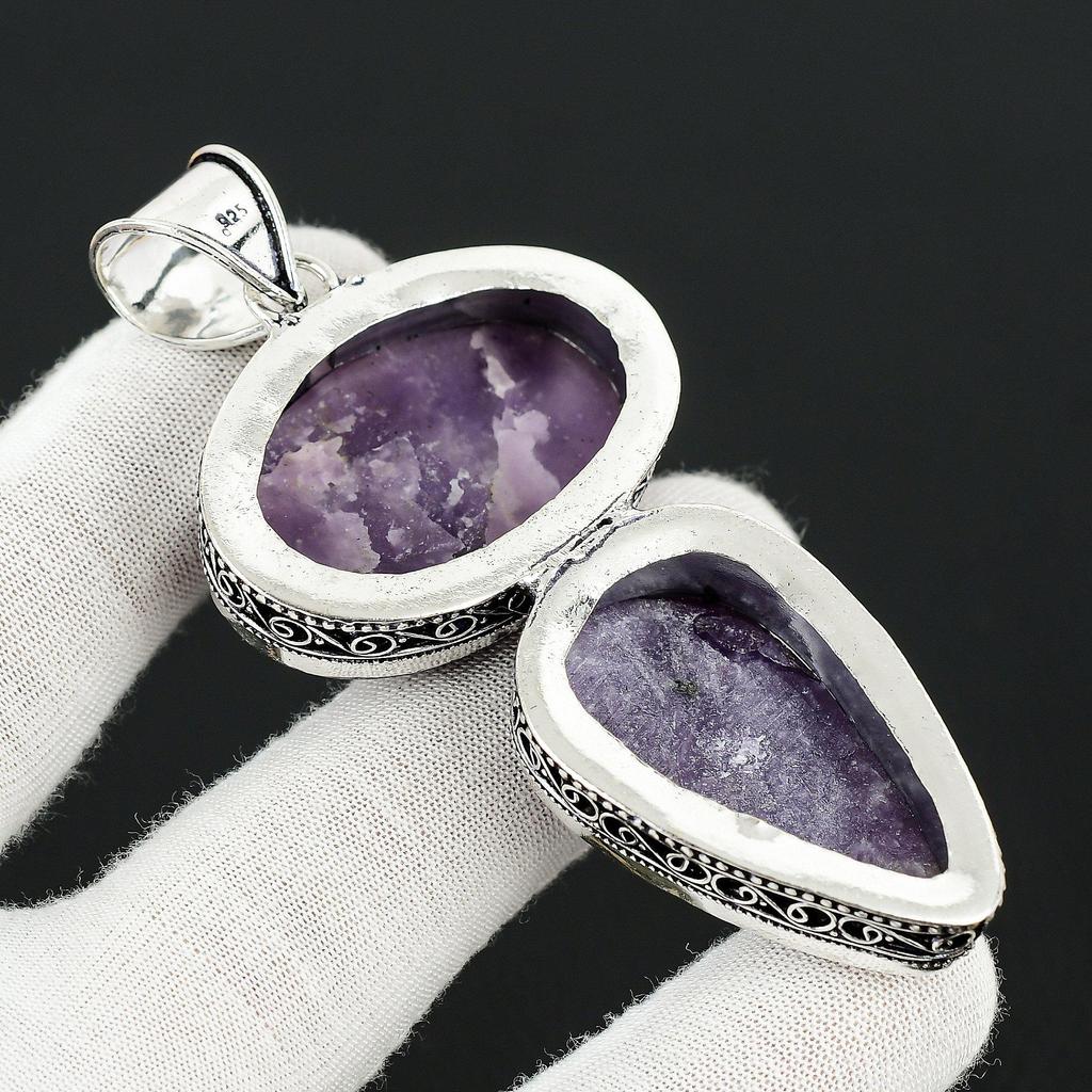 Lepidolite Gemstone Handmade 925 Sterling Silver Jewelry Pendant Double Stone Antique Pendant Natural Lepidolite Gemstone Pendant For Gifts