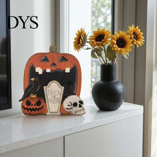 Rustic Style Holiday Ornaments Halloween Wooden Pumpkin Skull Crow Tombstone Ornament, Retro DIY Tabletop Centerpiece, Creative Split Set for